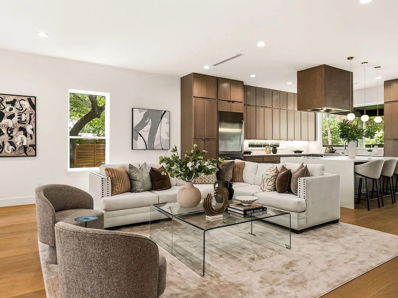 Open living room and kitchen in a new construction Dallas residence